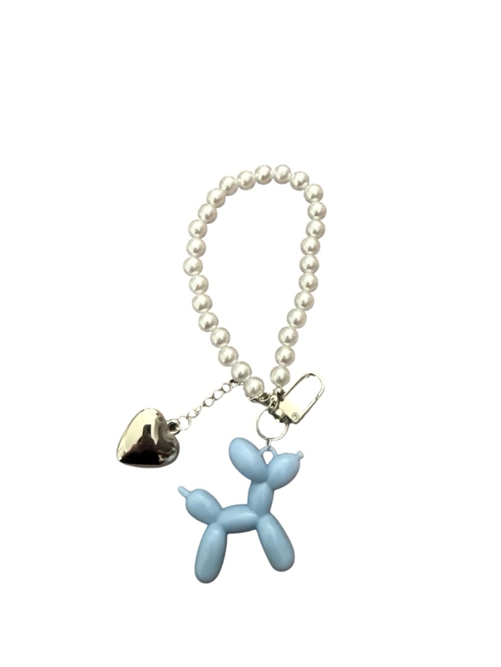Pearl Loop Keyring with Light Blue Balloon Dog and Silver Heart Charm